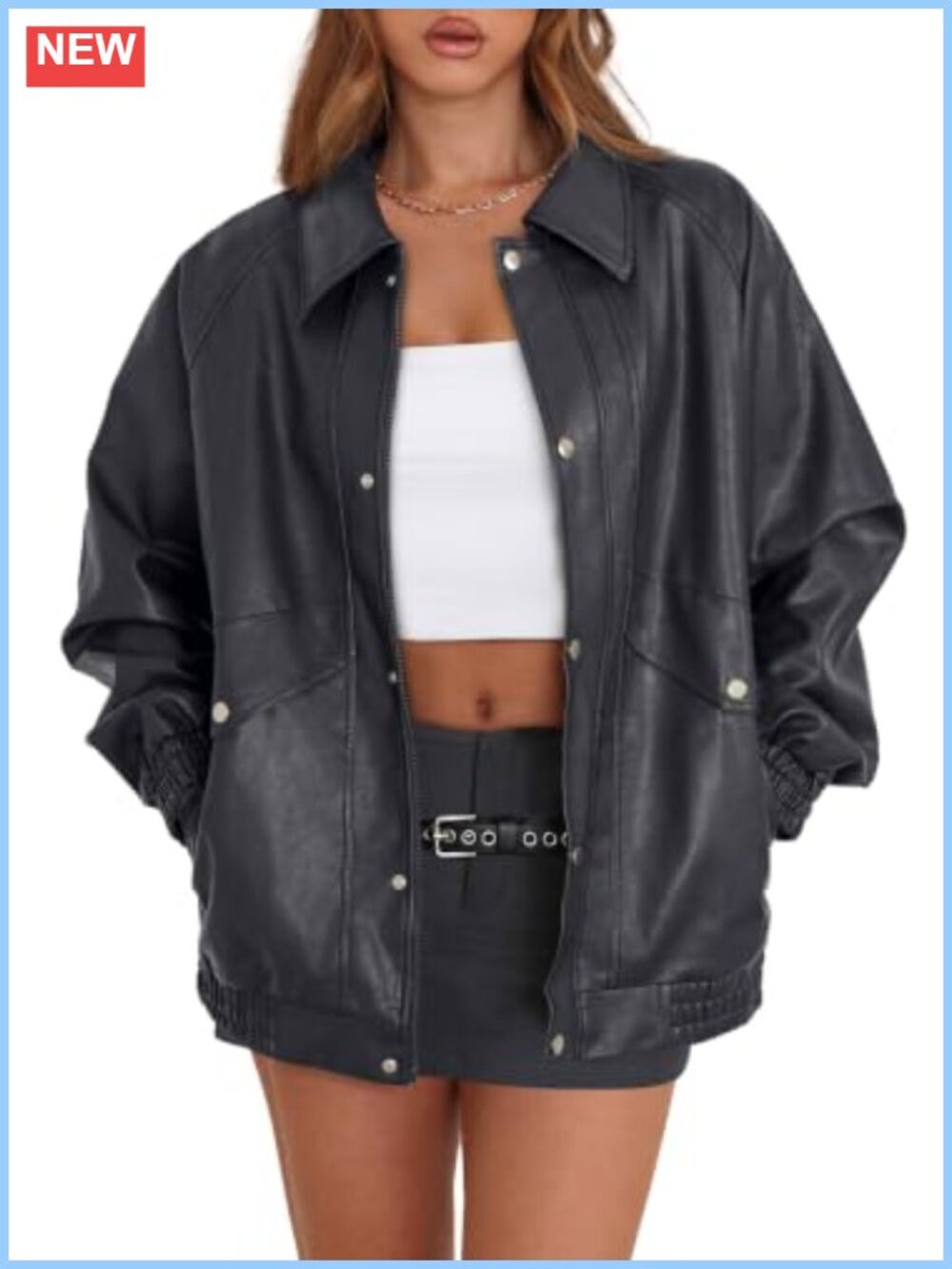 Oversized Faux Leather Motorcycle Jacket Women Zip Up Long Sleeve